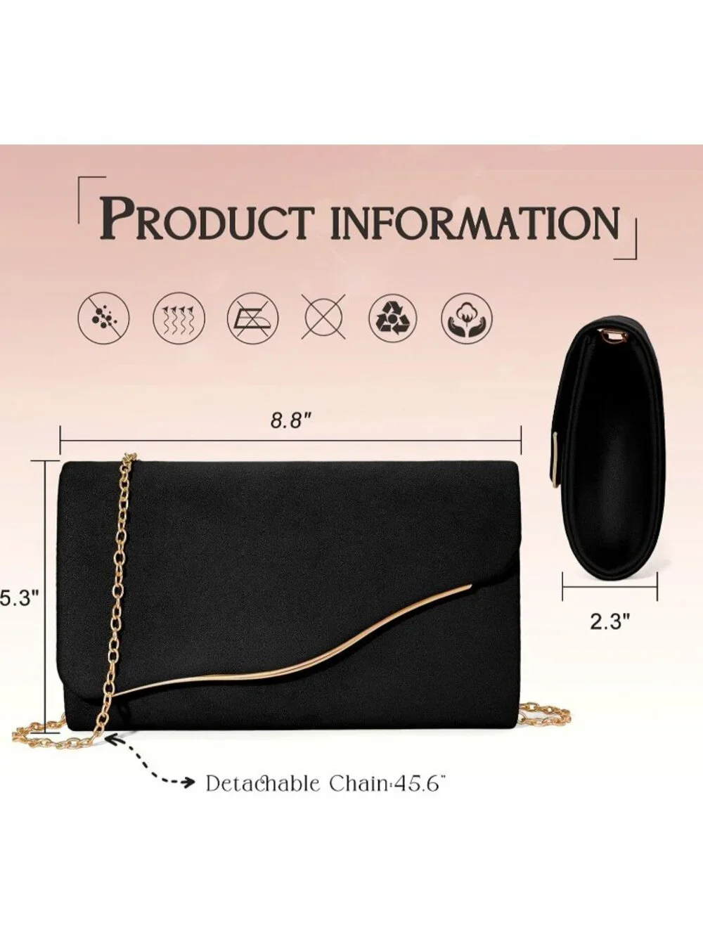 Women’s Black Formal Clutch Purse Elegant Evening Bag Detachable Chain Strap